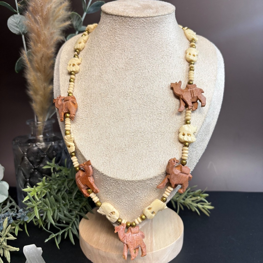 Vintage Wood Bone Camel Necklace | Boho Carved‎ Beads | Desert Animal Jewelry